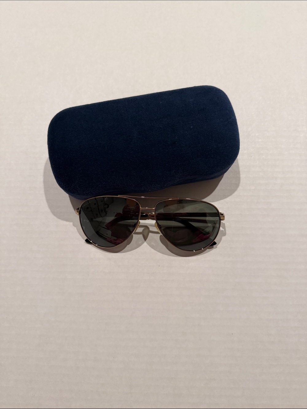 Gucci Gold Aviator Sunglasses with Dark Green Lenses and Navy Case